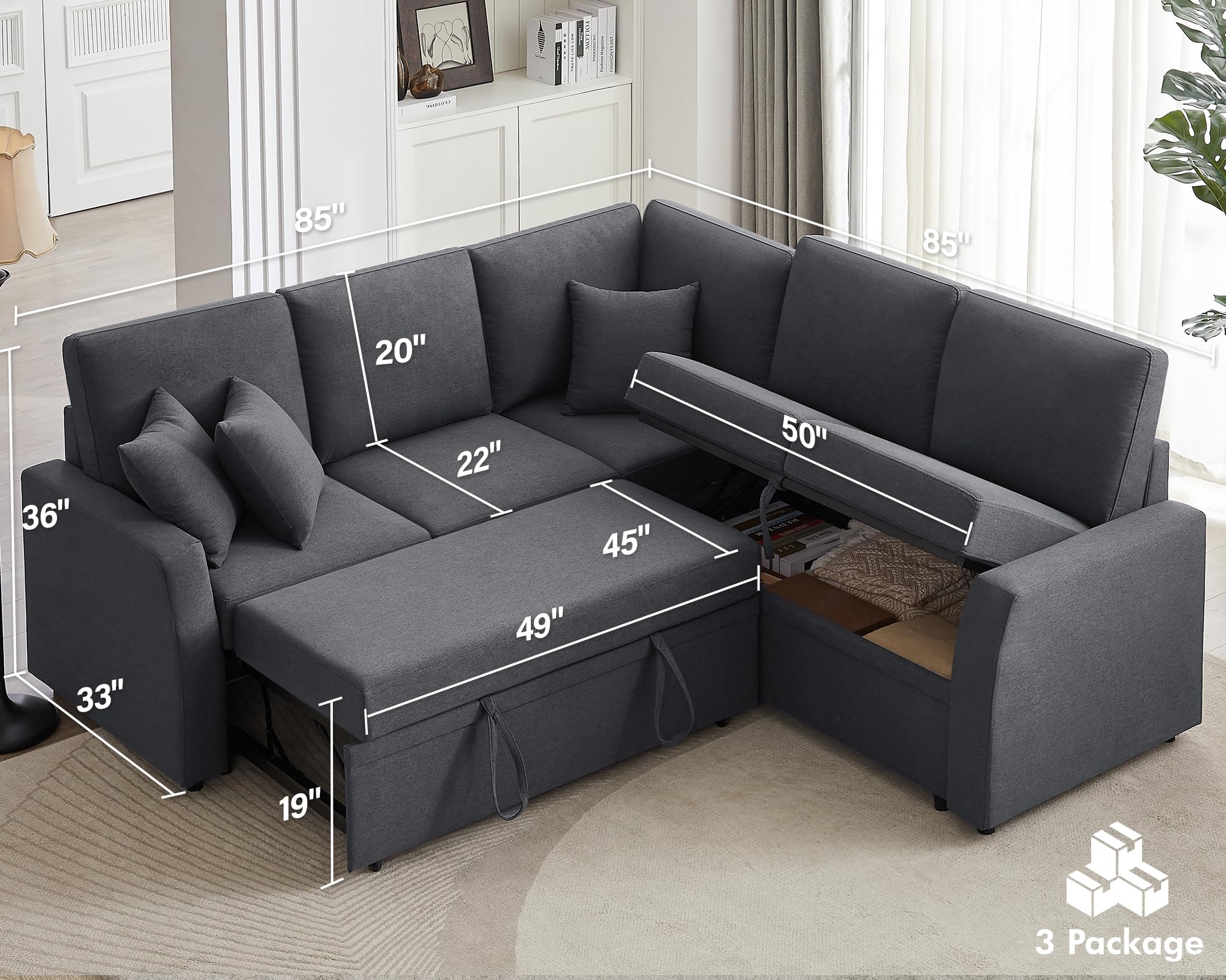 Sleeper Sofa, 85 Inch Reversible L Shape Sectional Couch