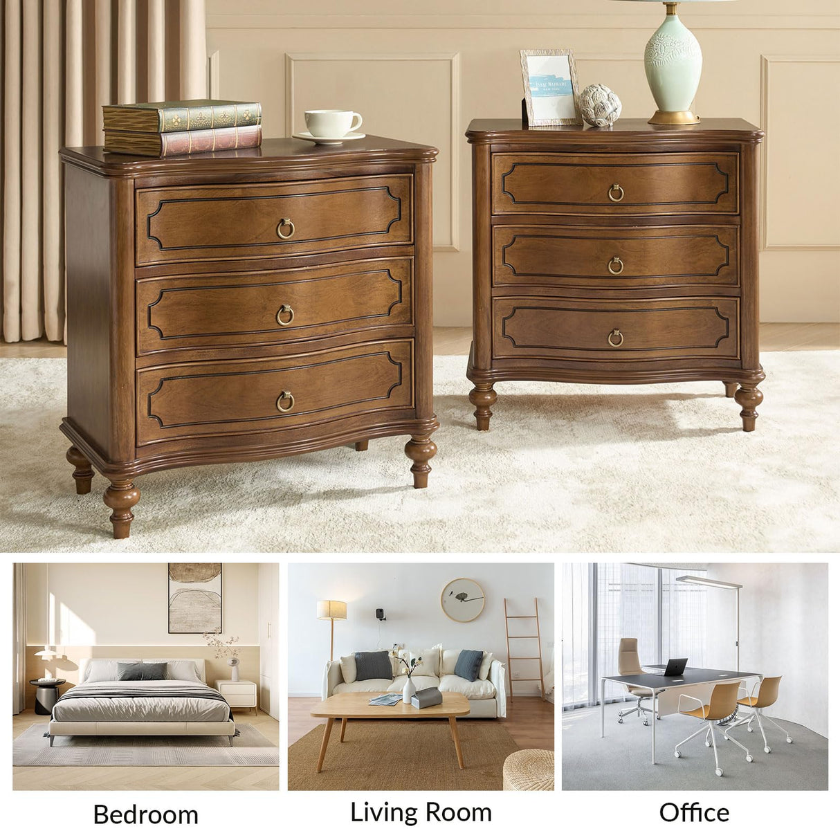 Wood Nightstands Set of 2 with Charging Station for Bedroom, 3 Drawers Traditional