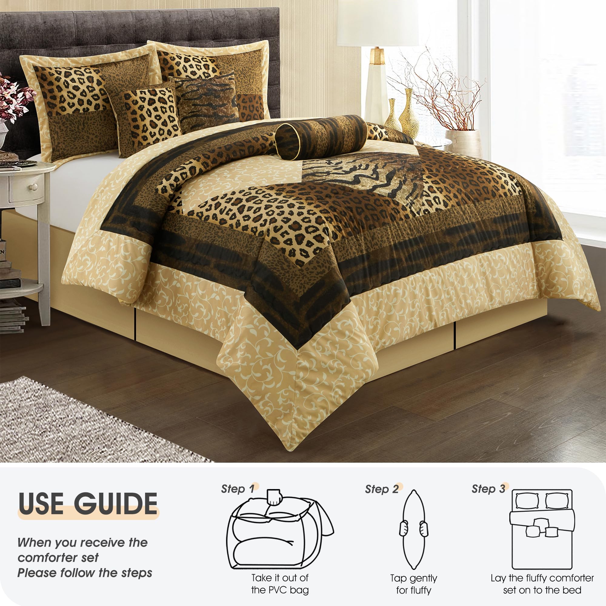 9 Piece California King Comforter Set - Leopard Print Safari Bedding Collection