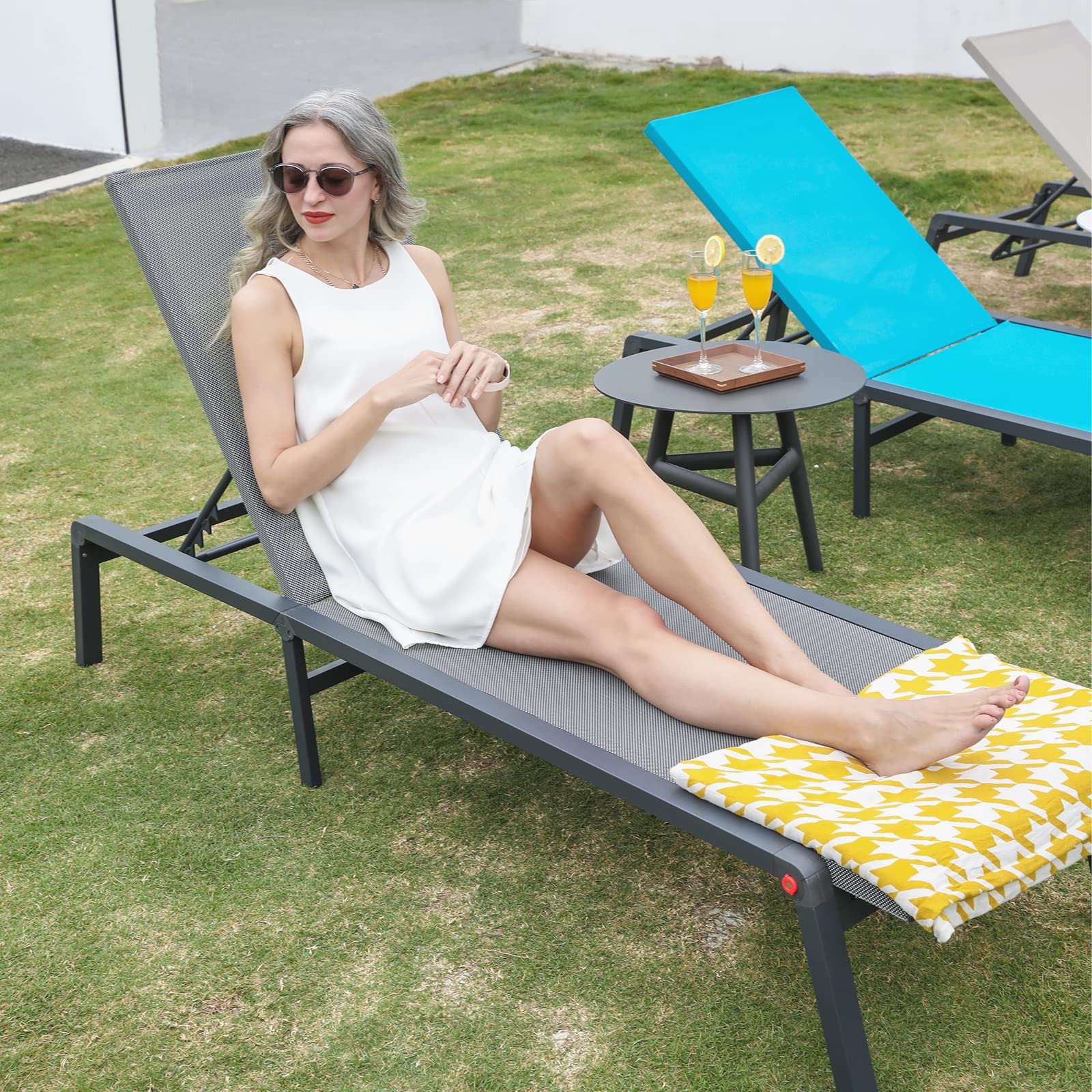 Chaise Lounge Chair Set of 2, Assemble-Free Aluminum Poolside Lounge Chairs for Outside