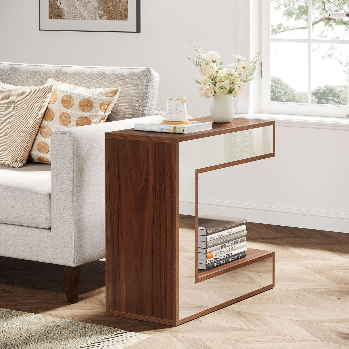 Mirrored End Table, Narrow Side Table with Storage Shelf for Living Room, Wood Bedside
