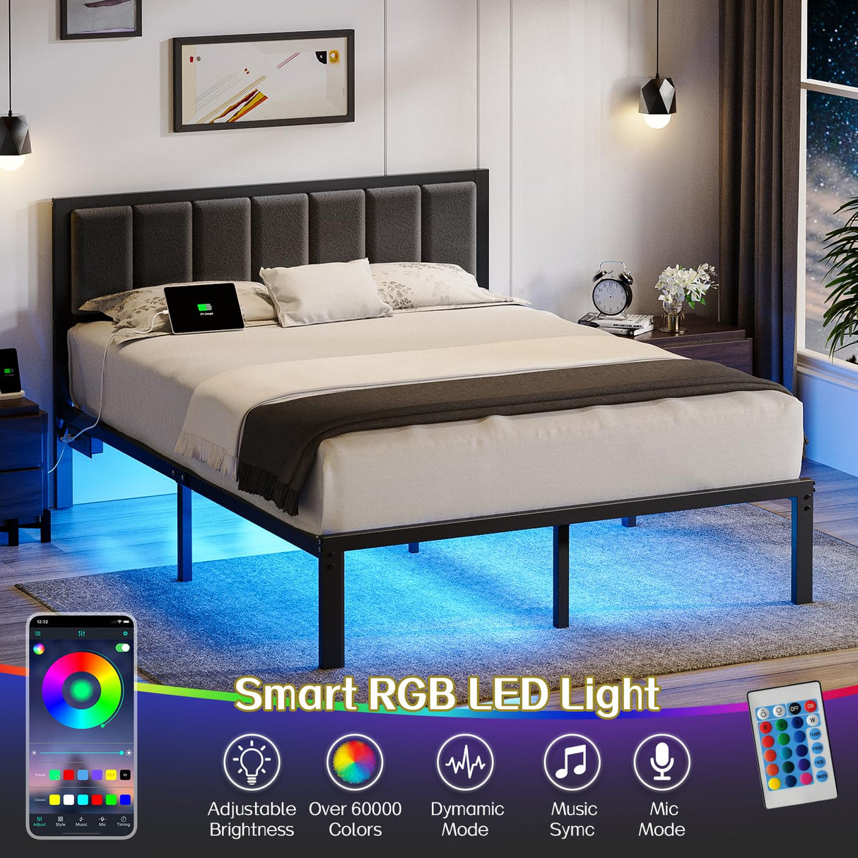 Queen Bed Frame with Headboard, USB Charging & LED Lights