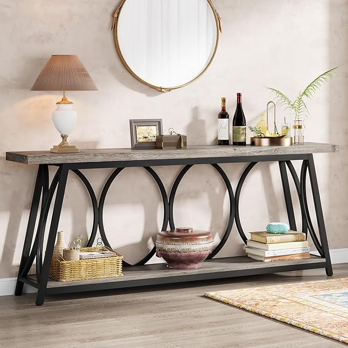 70.9 inch Extra Long Console Table, Industrial Sofa Table Behind Couch with 2 Tier Storage Shelf