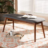 Flora II Mid-Century Dining Bench Dark Grey Fabric Upholstered Medium Oak Finished Wood Dining Bench