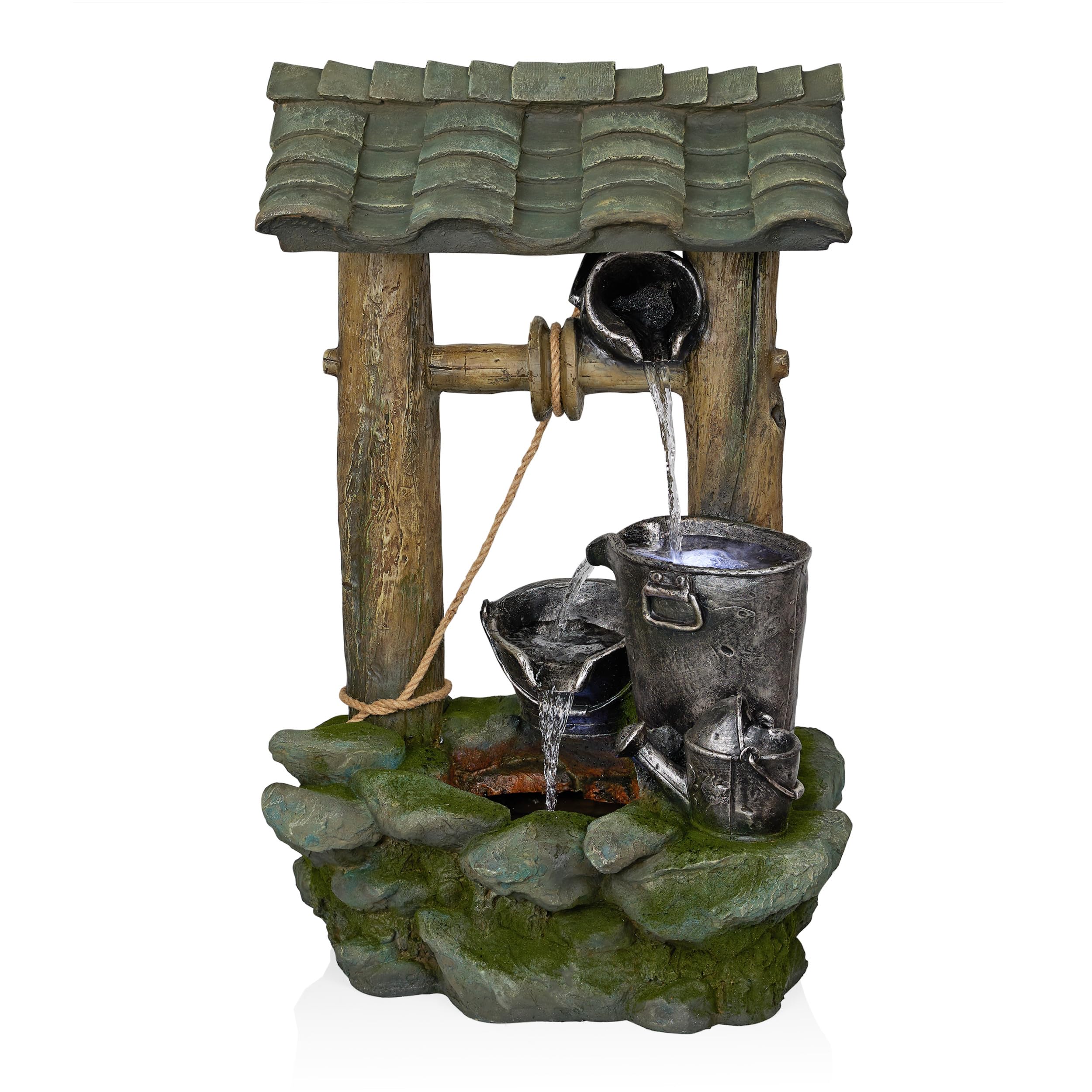 Water Well Fountain with LED Lights – Serene Outdoor Waterfall Water Feature for Garden