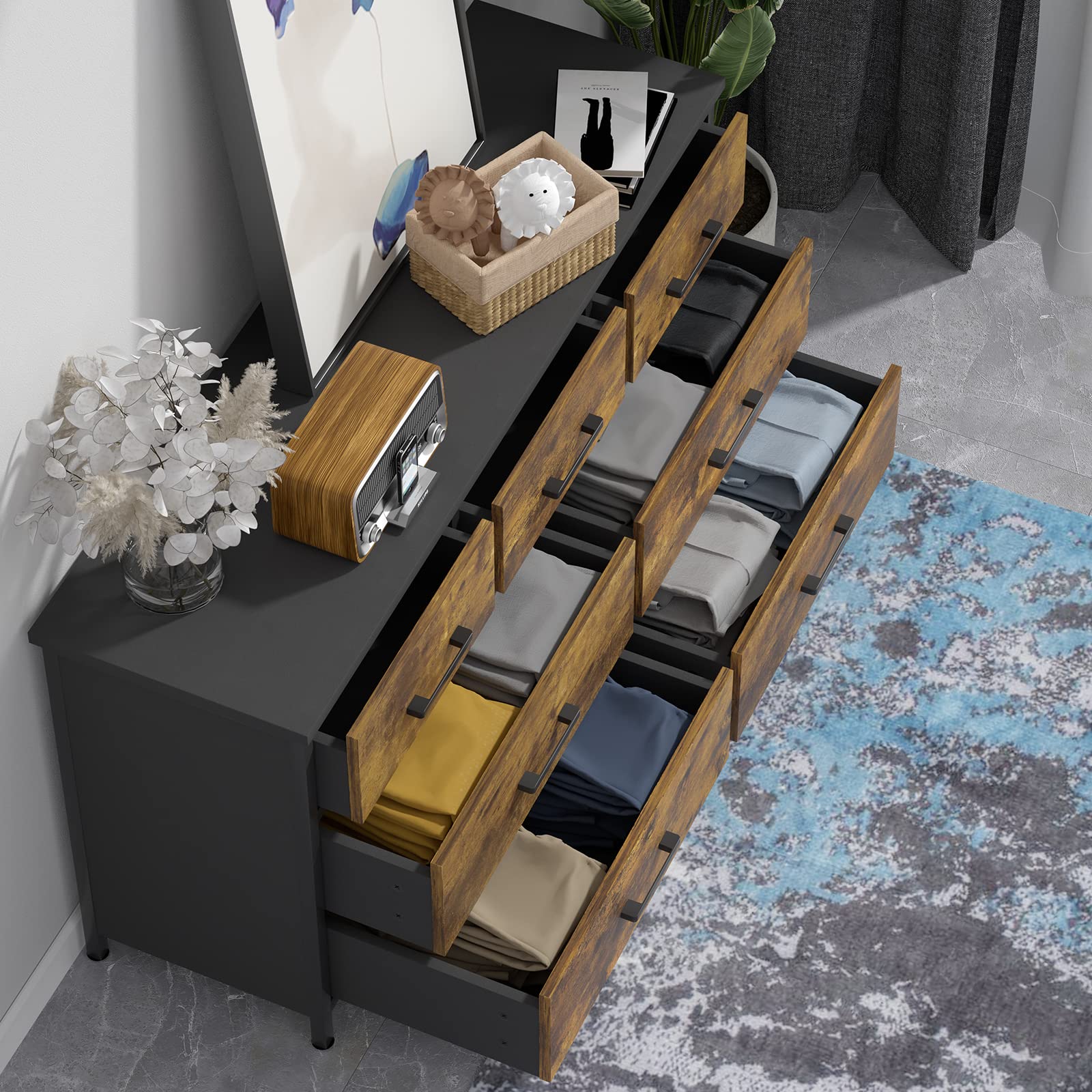 7 Drawer Wood Dresser, Industrial Wood Storage Dresser Clothes Organizer