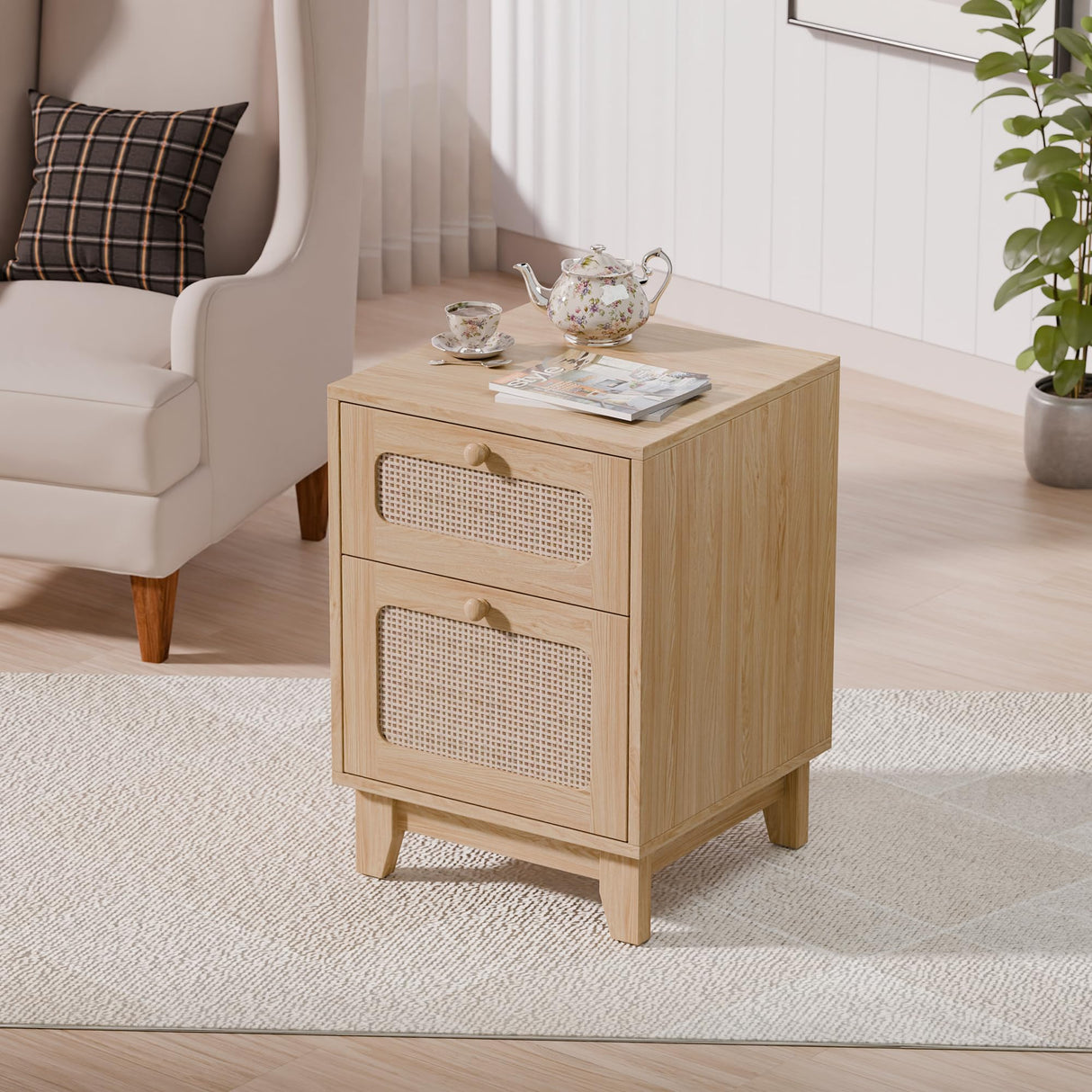 Wicker Rattan Stand,Rattan Stand with Drawer and Storage Space, Wooden Side End