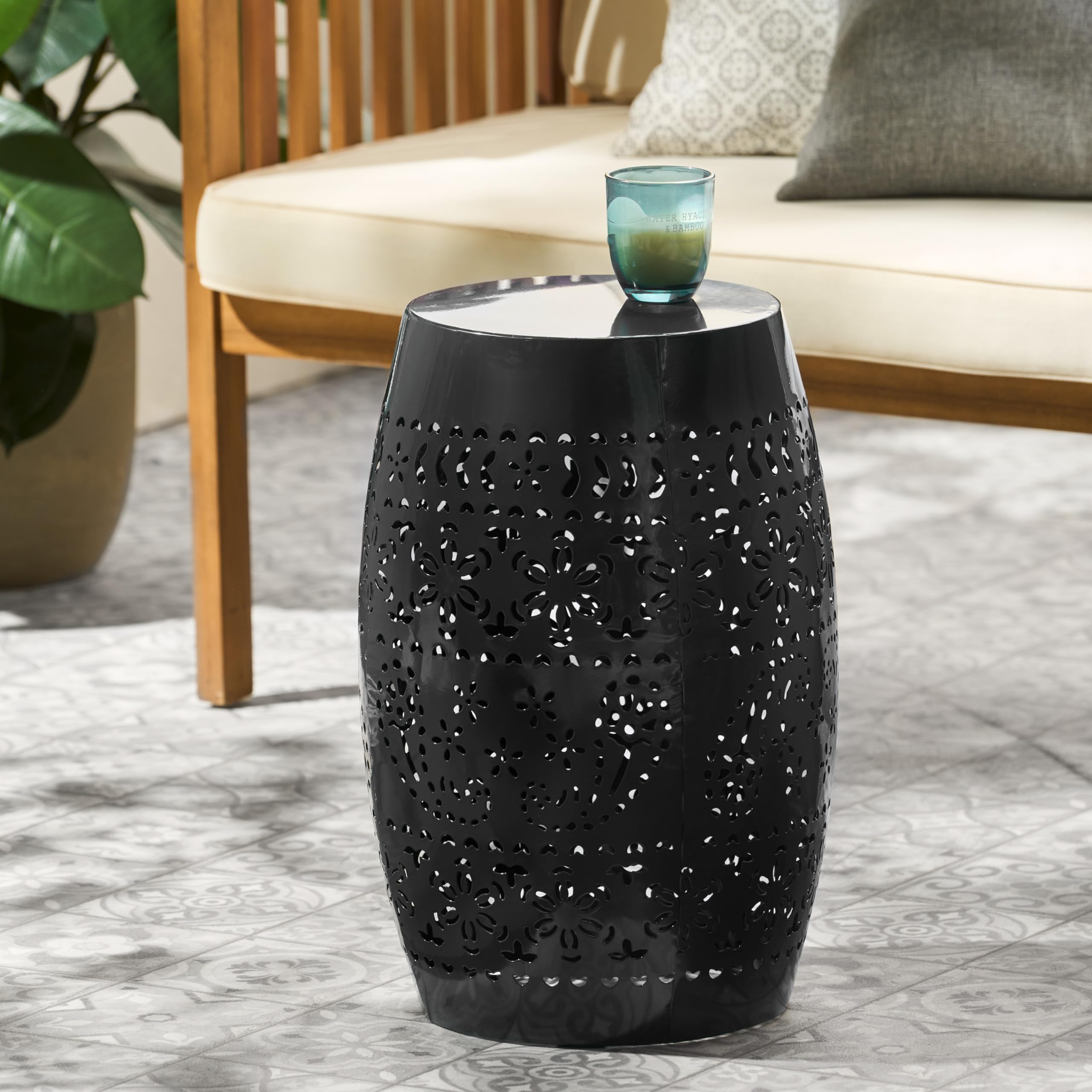 Black Round Drum Accent Table, Iron Metal Patio Side Table, 12.25" x 12.25" x 18"