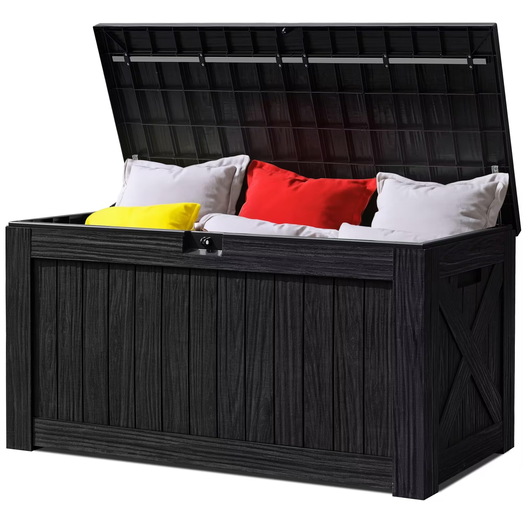 Greesum 120 Gallon Outdoor Storage Box with Lock - Woodgrain Plastic Deck Box, Reinforced Lid & Heavy Duty Design, Easy Assembly for Garden, Patio, Lawn, Black