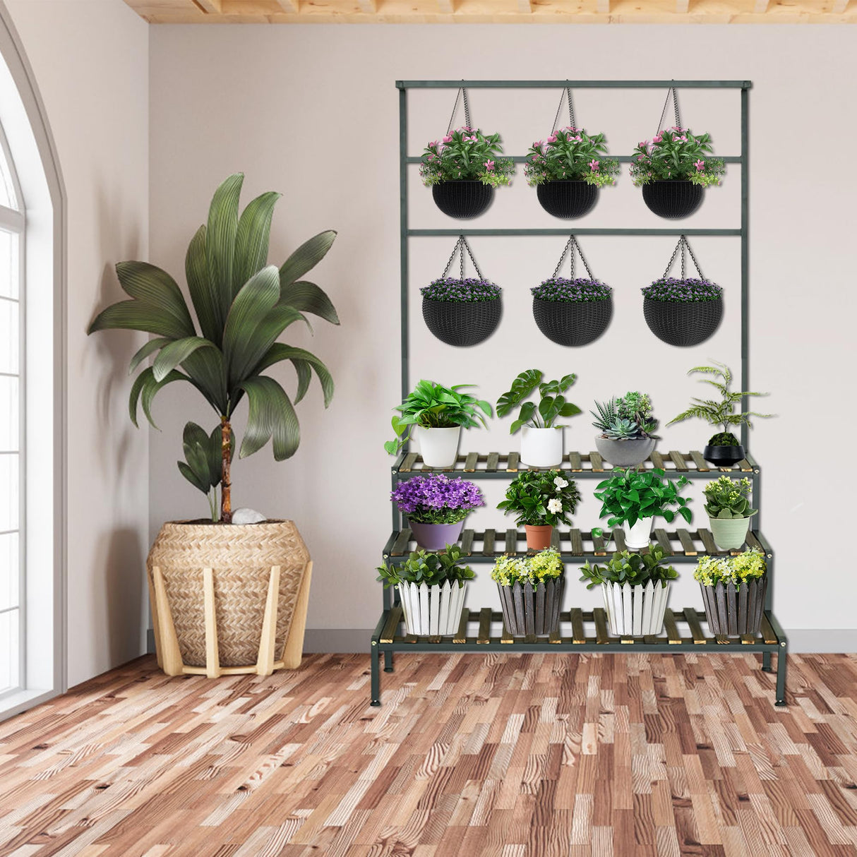 Large Plant Shelf Indoor Outdoor, 3 Tier Heavy Duty Hanging Plant Stand with Bar 39"L x 60" Tall, Metal & Wood Flower Ladder Rack, Plant Display Cabinet Shelves Clearance for Garden Patio Greenhouse