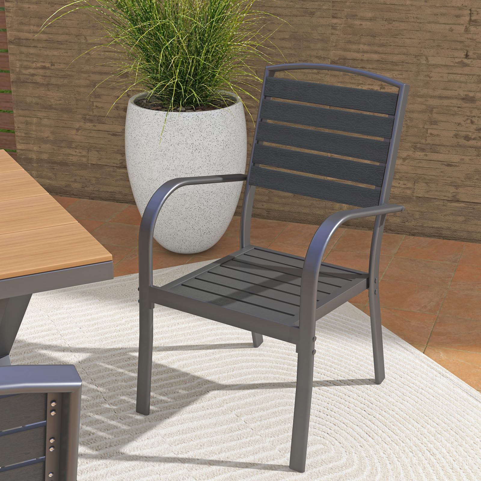 Patio Dining Chairs Set of 2, Aluminum Outdoor Dining Chairs with Faux Wood Slats