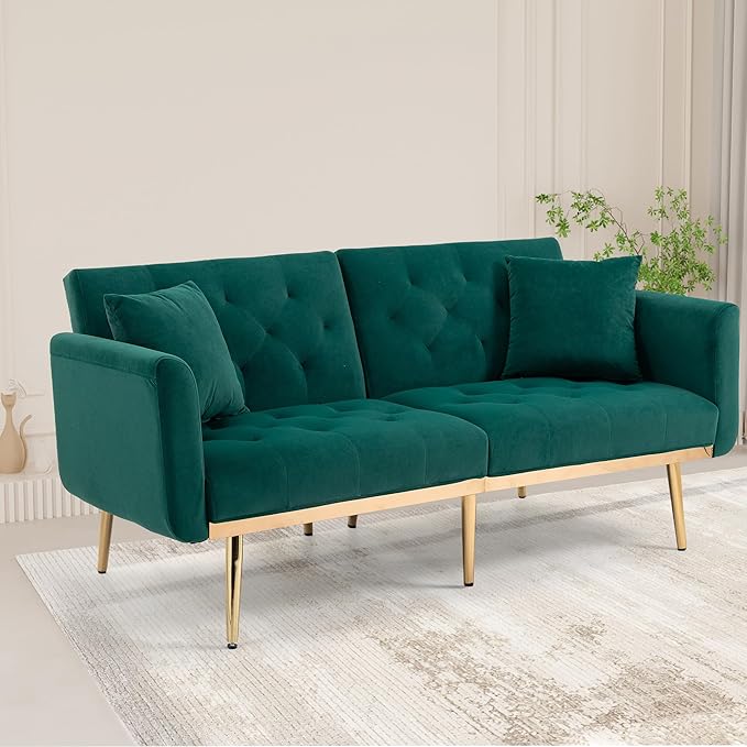 Mid-Century Modern Velvet Loveseat, Petite Accent Sofa Couch with 7 Gold Metal Legs