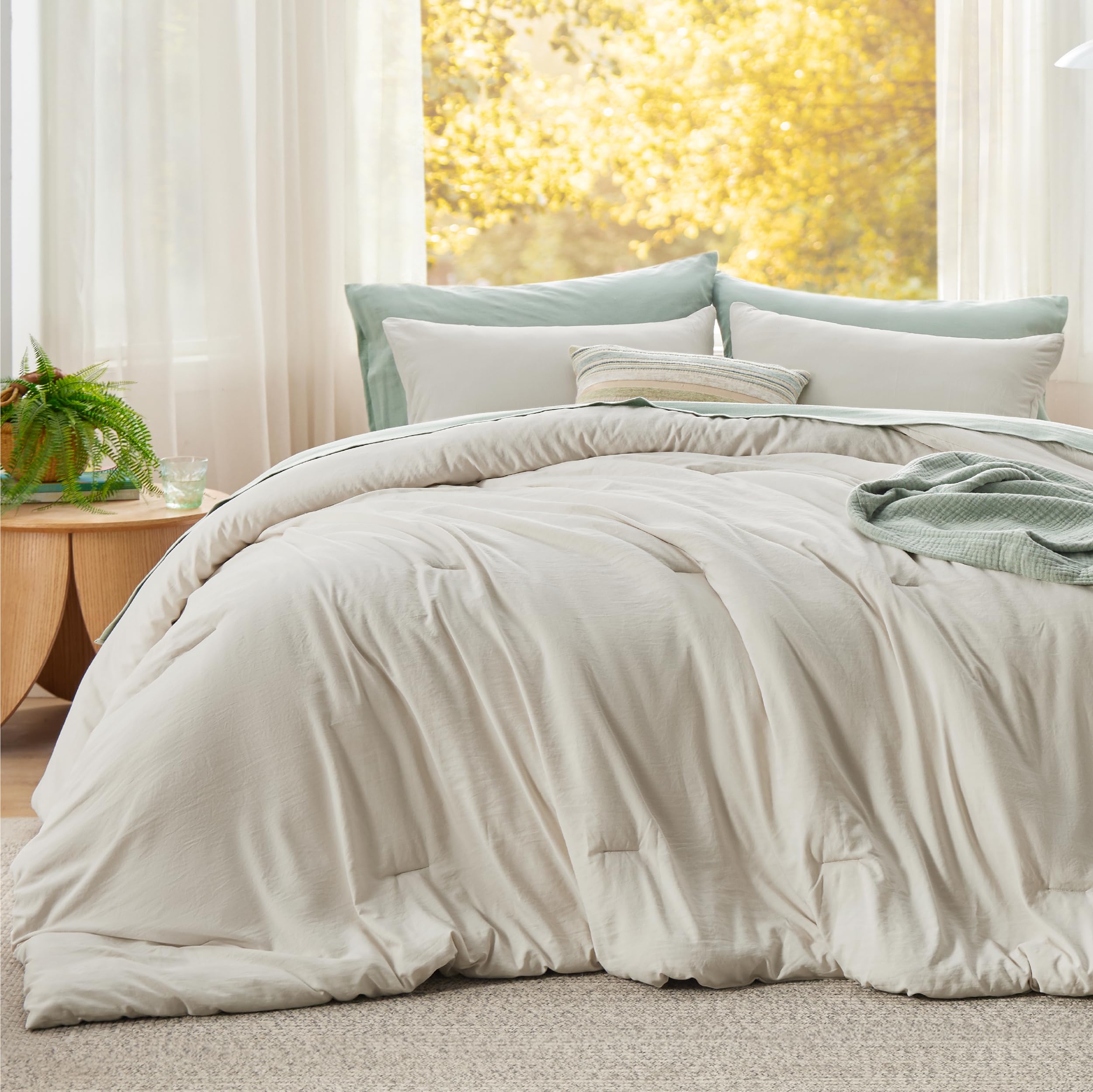 Beige Prewashed Super King Comforter Set - 3 Piece Lightweight Bedding