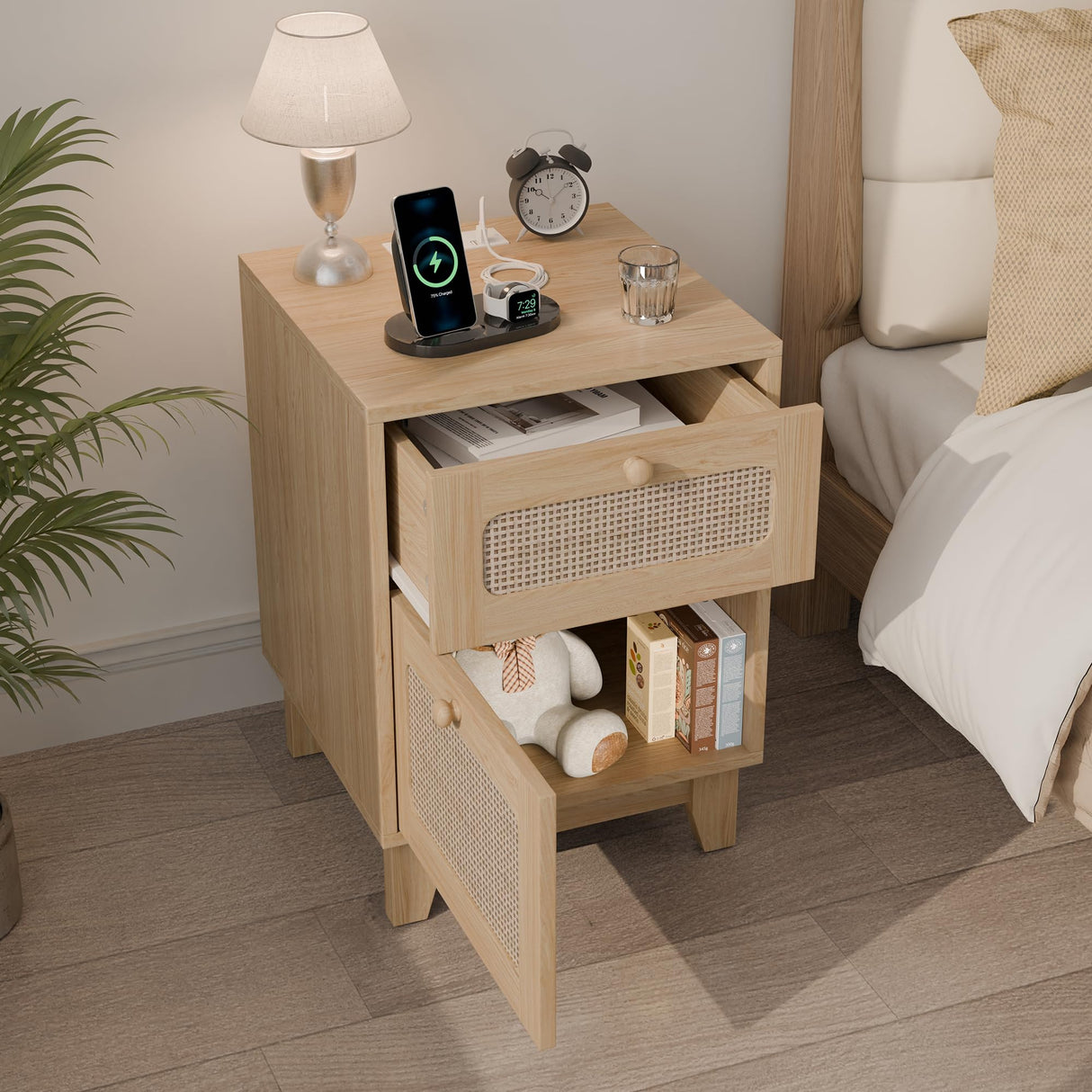 Modern Rattan Nightstand Set of 2, Wicker Rattan Stand with Drawer and Charge Station