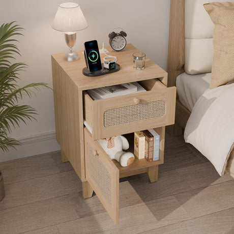 Modern Rattan Nightstand Set of 2, Wicker Rattan Stand with Drawer and Charge Station