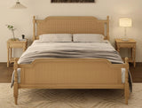 King Bed Frame with Rattan Headboard - Solid Pine Wood Platform