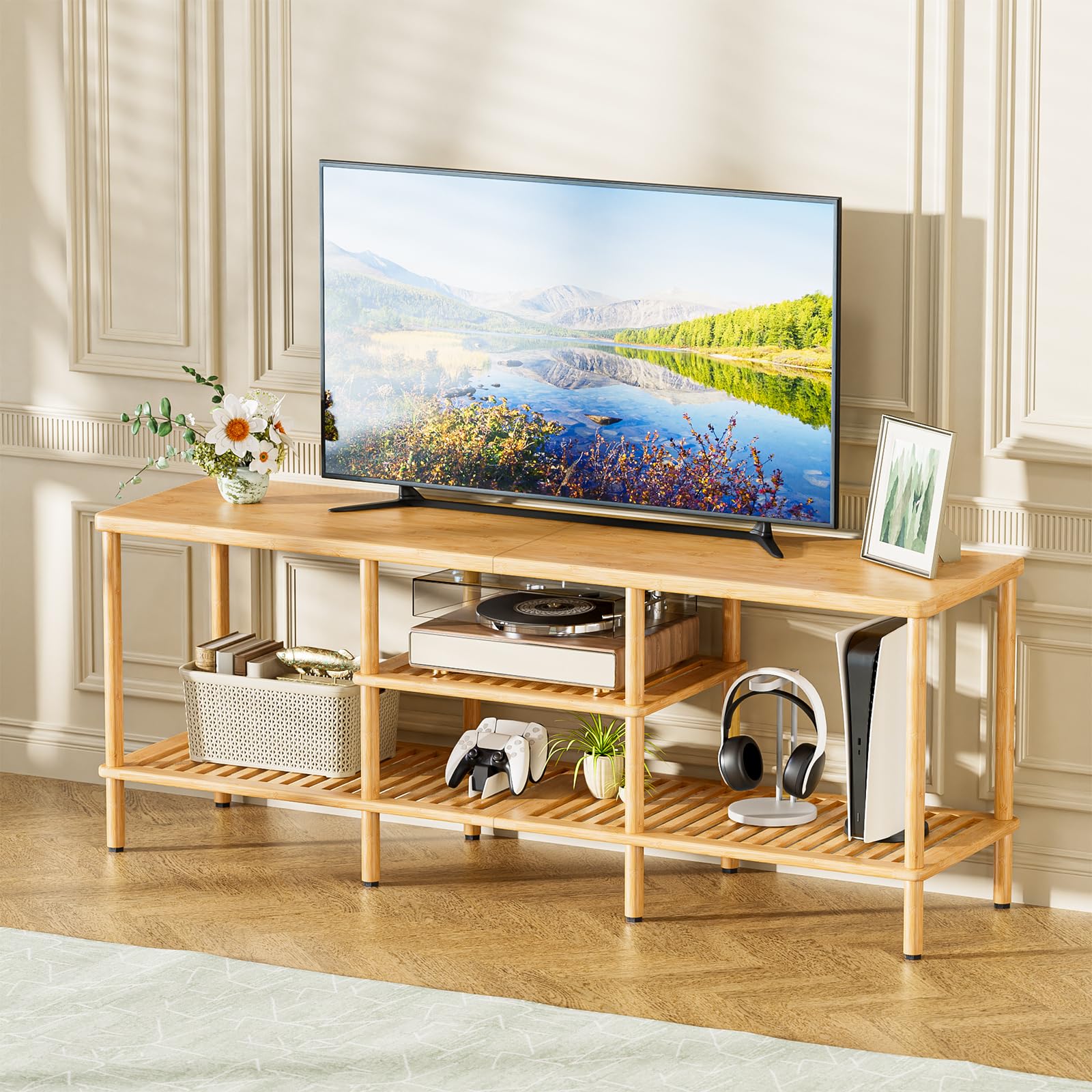 Bamboo TV Stand for 60-65 Inch TVs with 3-Tier Storage
