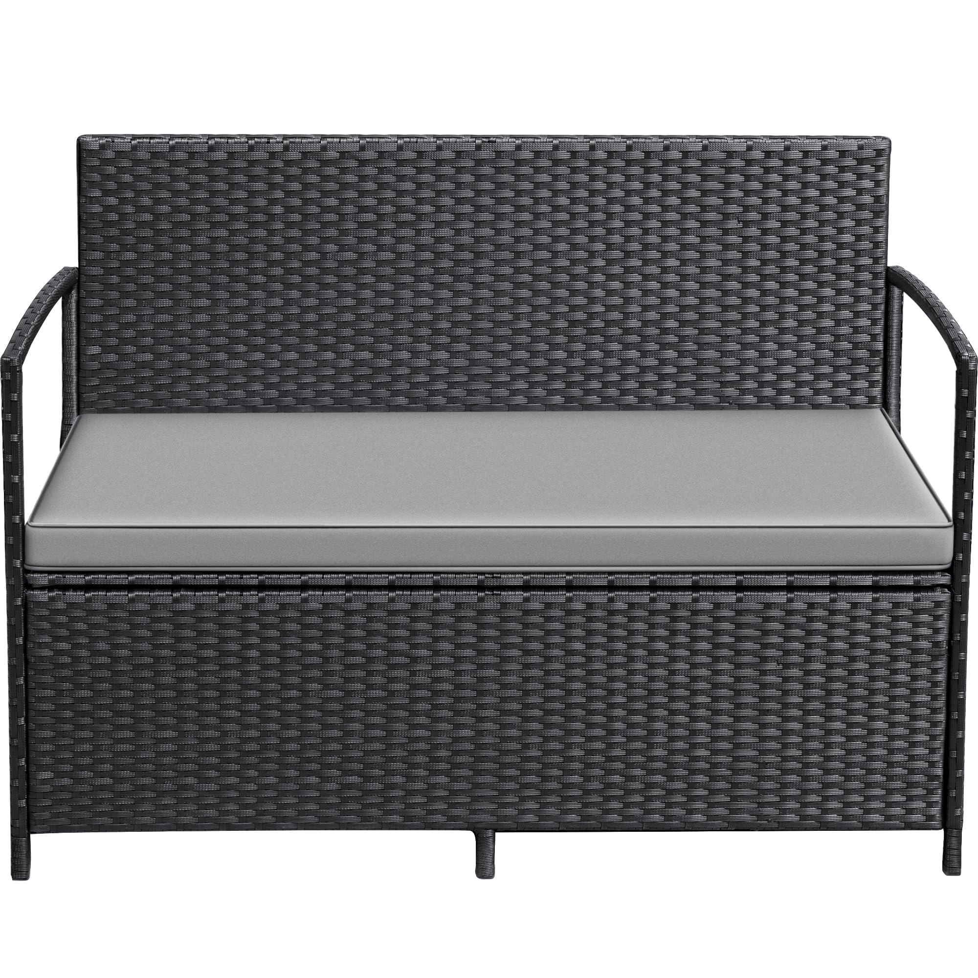 Patio Loveseat PE Rattan Wicker Outdoor Furniture with Soft Cushions & Built-in Storage