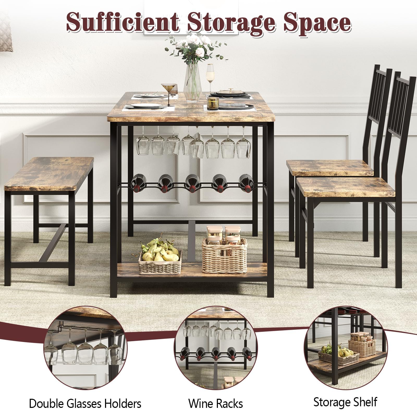 4-Piece Dining Set with Wine Rack Storage