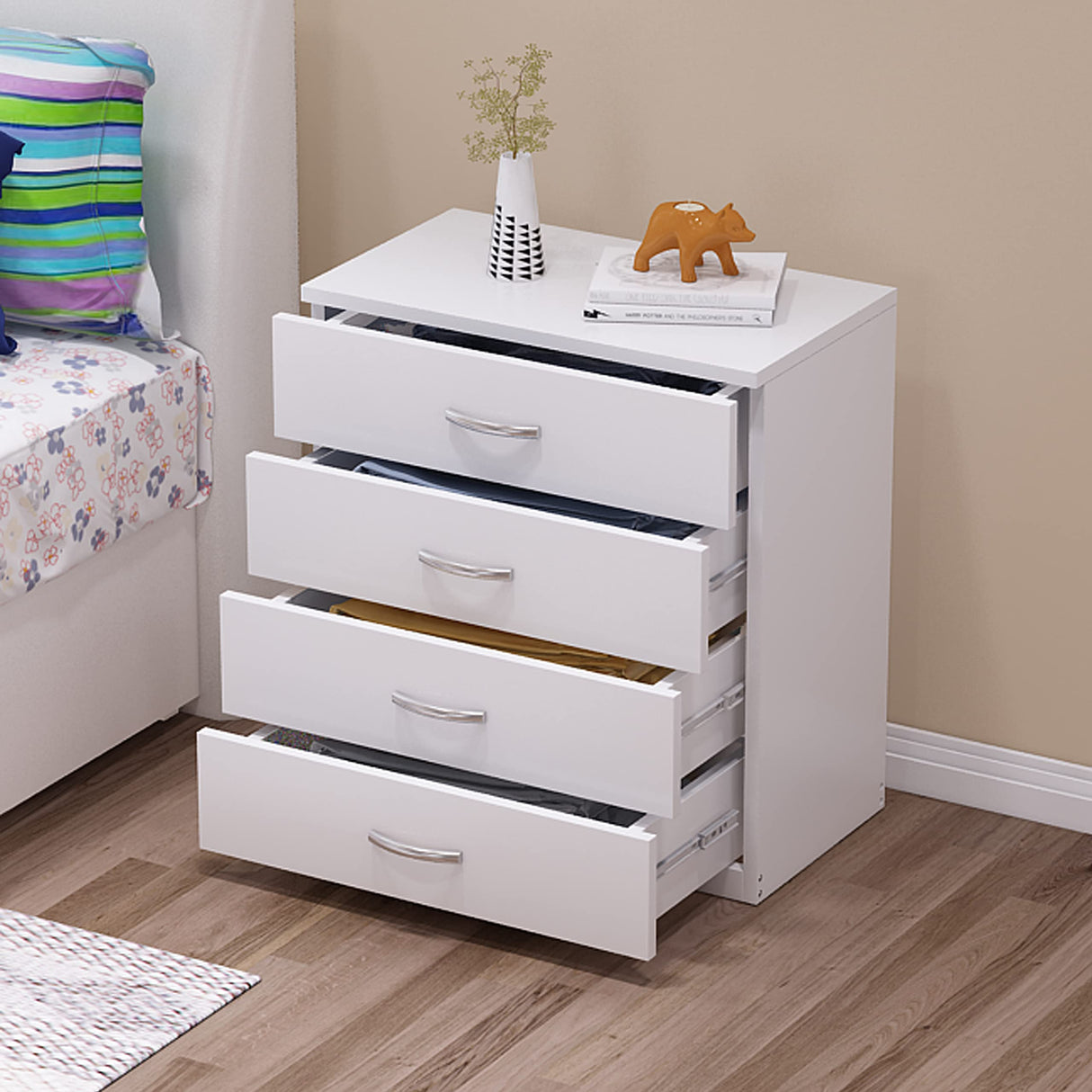 MDF Wood Simple 4-Drawer Dresser Easy to Assemble Chest of Drawers for Bedroom Living Room White