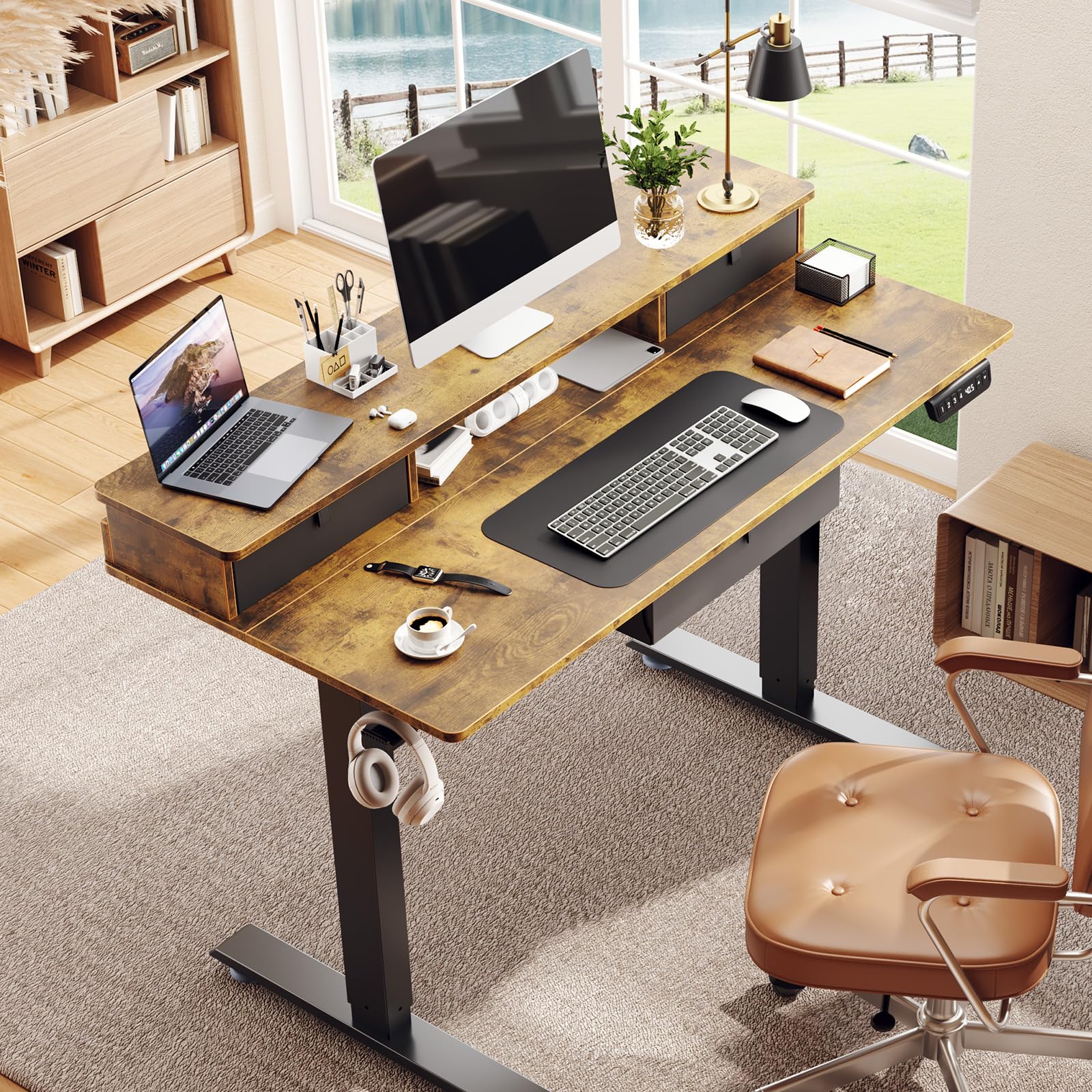 Standing Desk with 3 Drawers and Raised Storage Shelf, Electric Height Adjustable Sit Stand Table