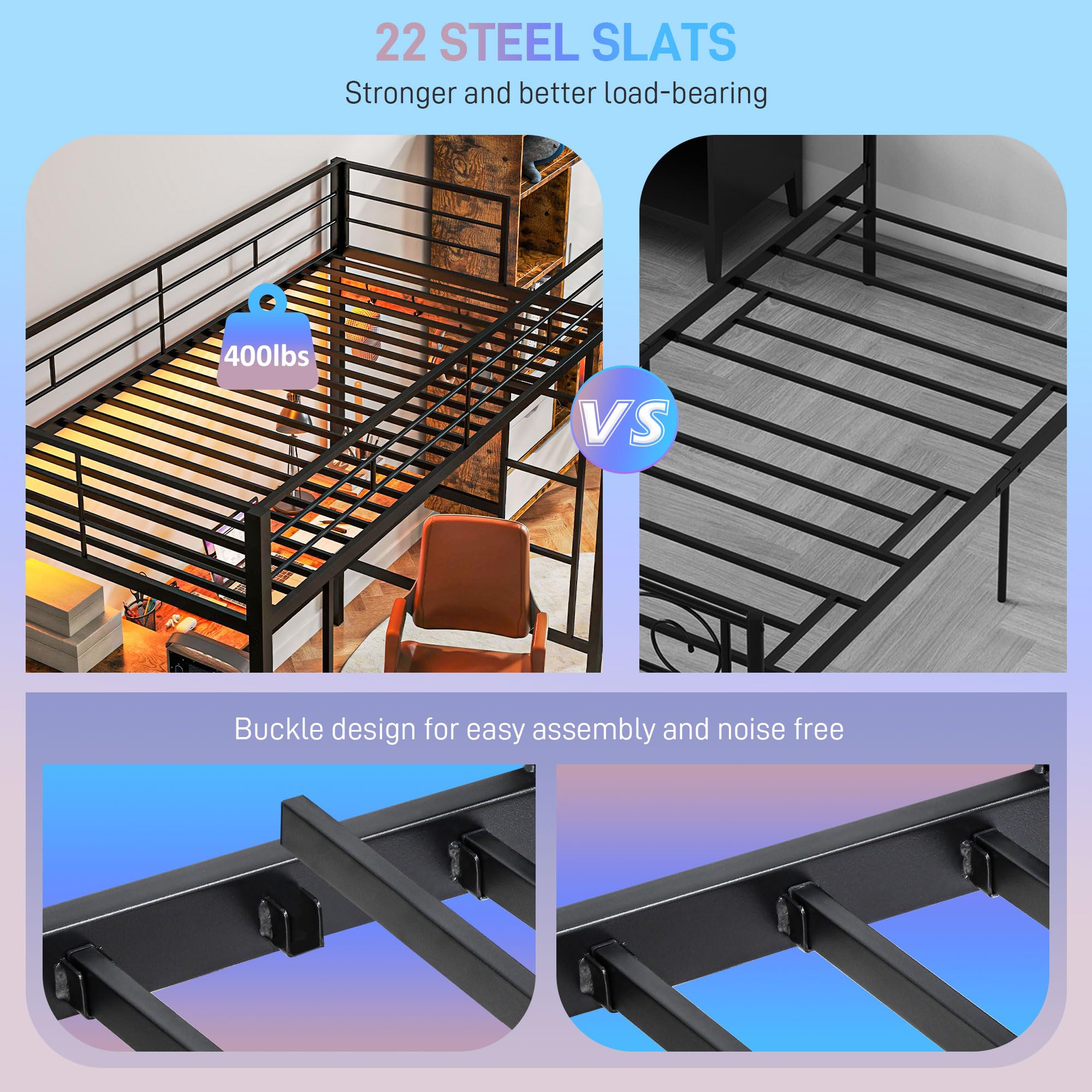Twin Size with L-Shaped Desk, LED Lights, Charging Station, for Teens Adults, Twin Loft