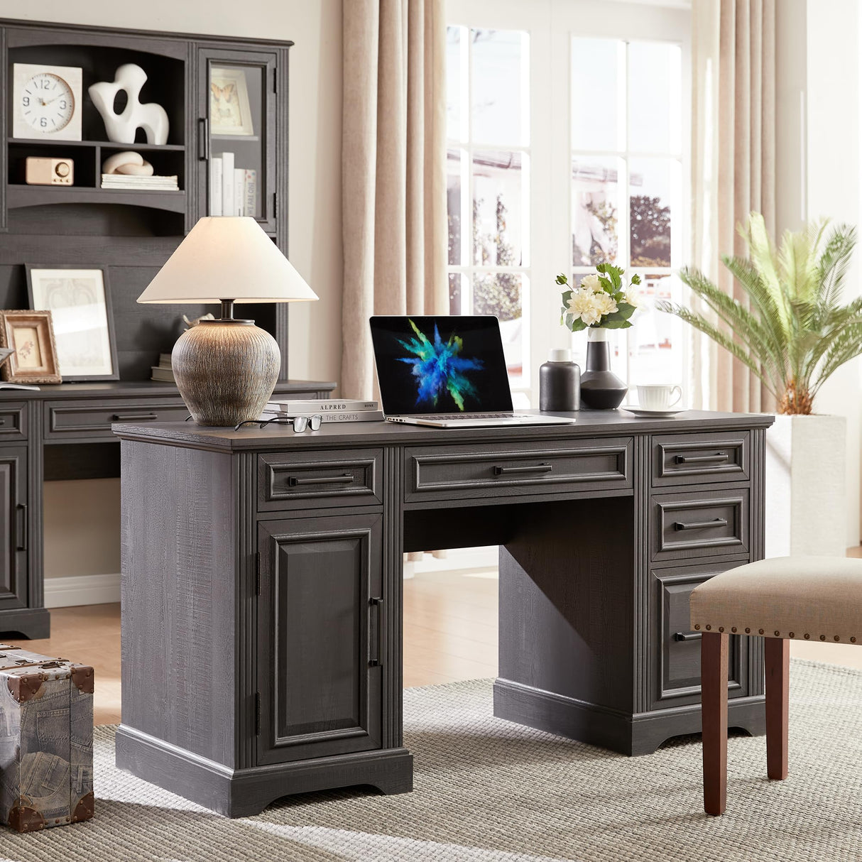 Farmhouse 58" Executive Desk, Computer Desk with Drawers and Storage Cabinet