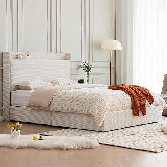 Queen Bed Frame with Storage Drawers - Upholstered Headboard