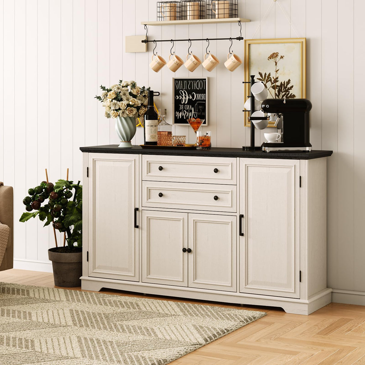 Farmhouse 58" Buffet Cabinet with Storage,34" Tall Sideboard Cabinet w/2 Large Drawers&4 Grooved Doors,Wood Rustic Coffee Bar Cabinet for Dining Room,Kitchen,Living Room,White