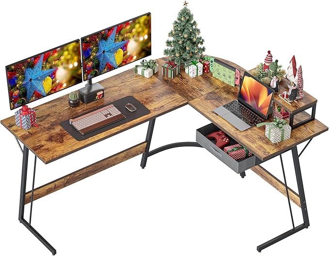 59 Inch Shaped Desk, Computer Corner Desk with Carbon Fiber Surface, Gaming Desk