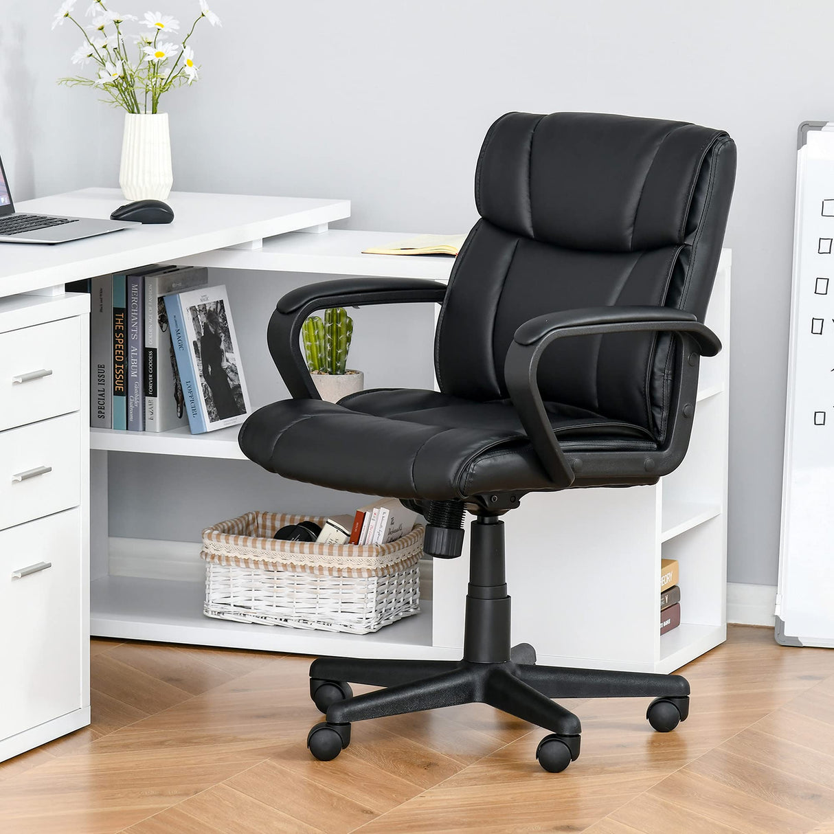 Mid Back Home Office Chair with 2-Point Lumbar Massage, USB Power, Faux Leather