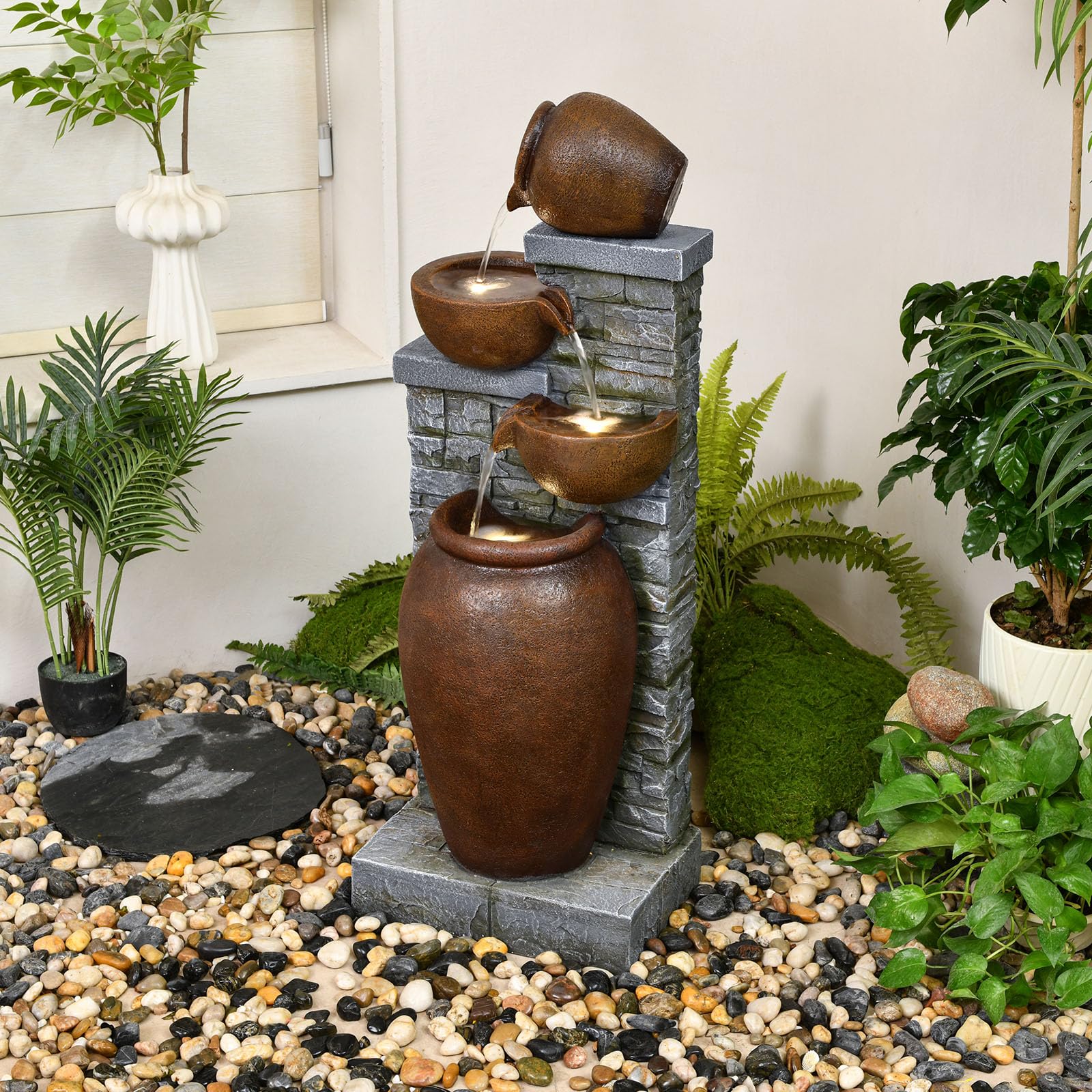 42.52" Outdoor Garden Water Fountain with Lights 4 Tiers Cascading Large Waterfall