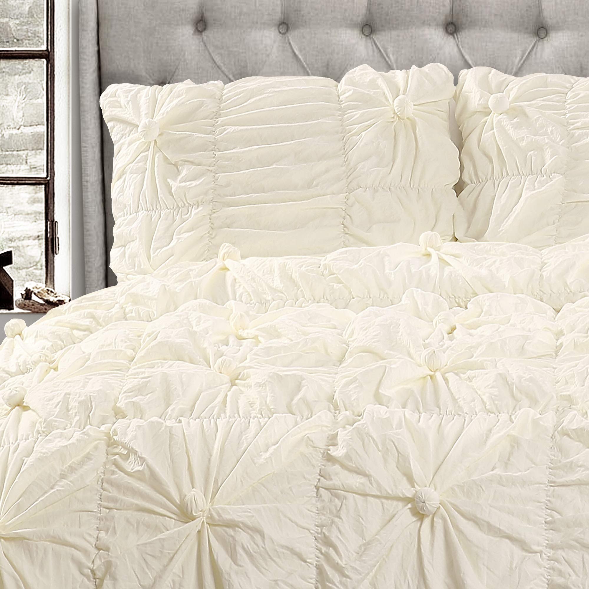 Bella Comforter Set Vintage Chic Style Ruched 3 Piece Bedding with Pillow Shams