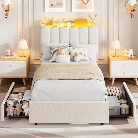 Full LED Bed Frame with Storage Drawers & Bookcase Headboard