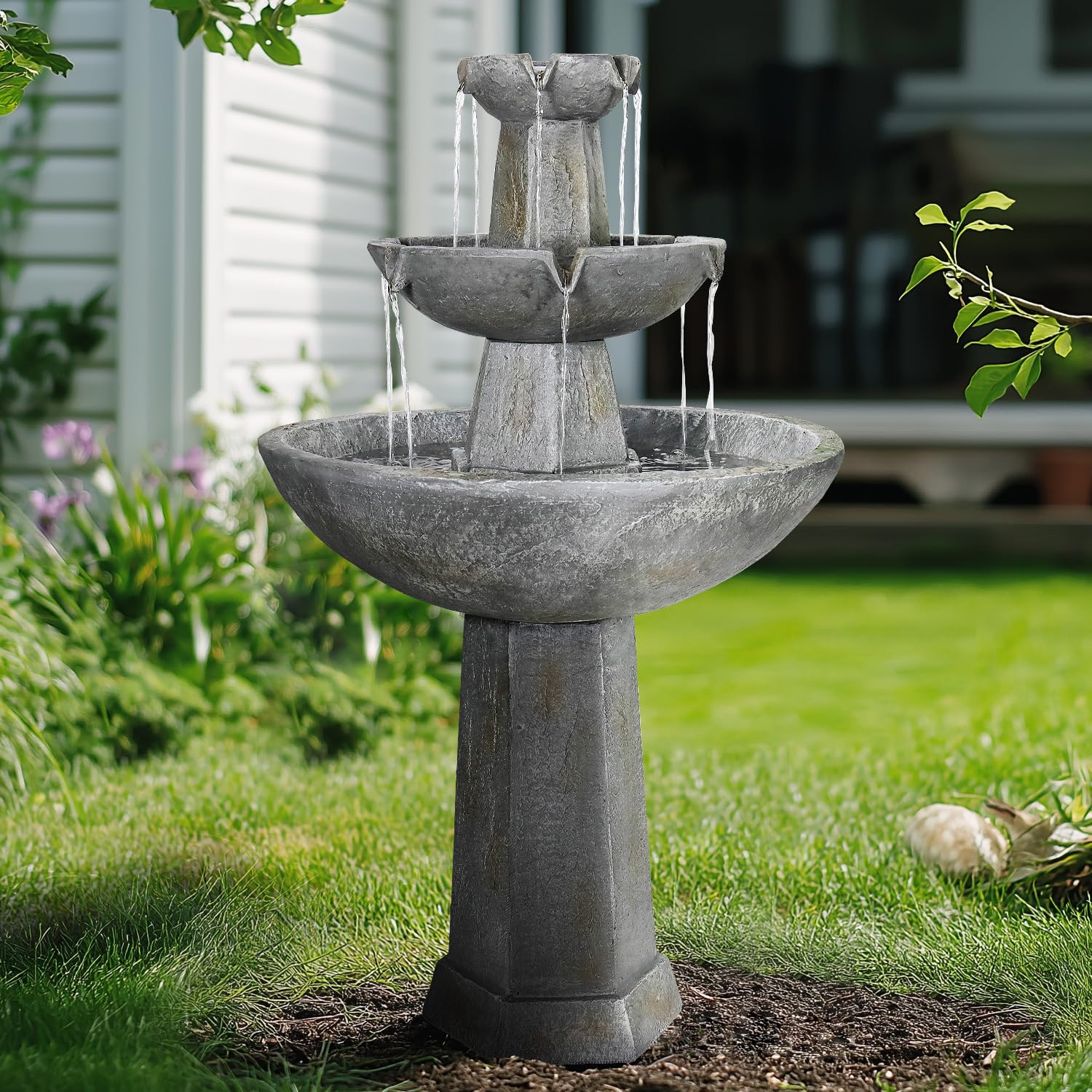 SunJet 43.3" High 3-Tiers Modern Concrete Outdoor Water Fountain - Round Large Outdoor Fountains and Waterfalls for Garden, Patio, Yard, and Deck Decor, Featuring Natural Stone Look(43.3inch,Grey)