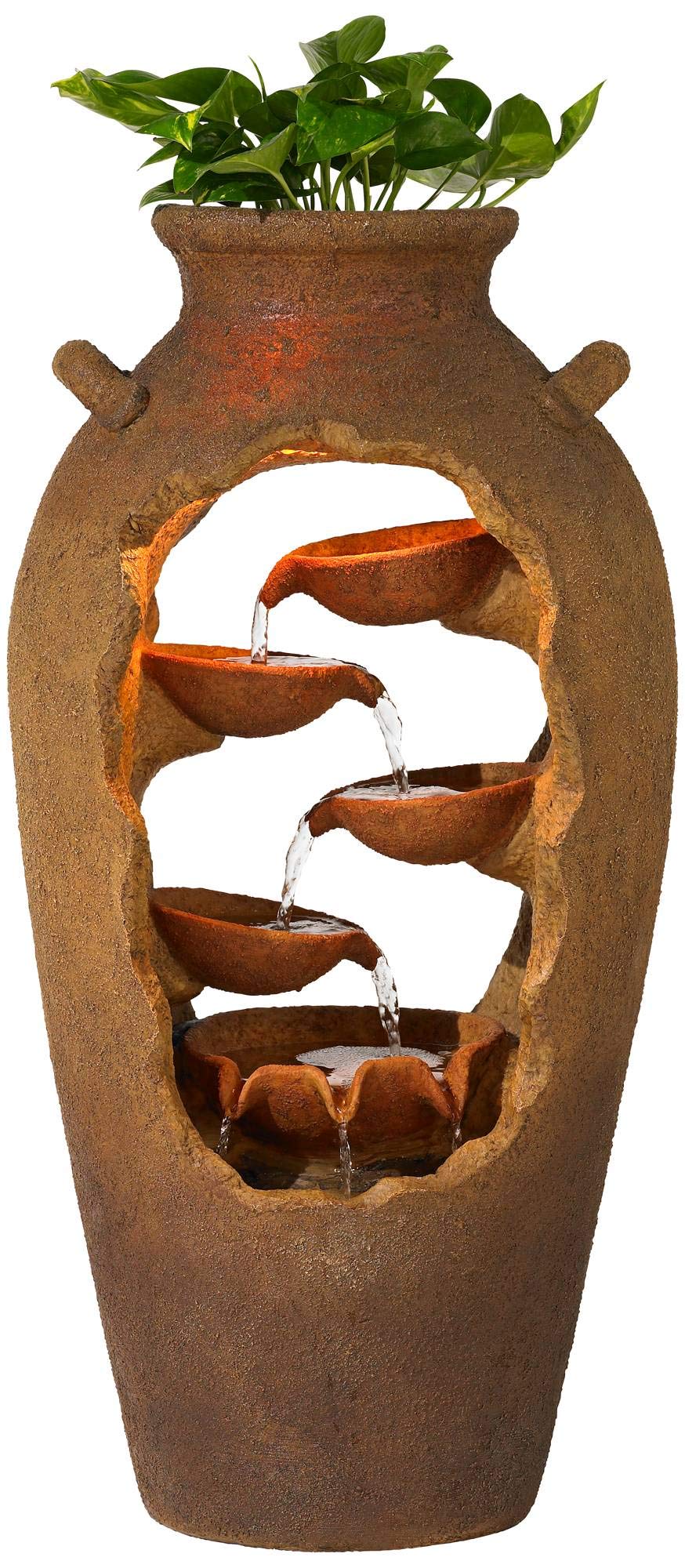 Outdoor Floor Urn Waterfalls Fountain 33" High with LED Light and Planter Decor for Garden