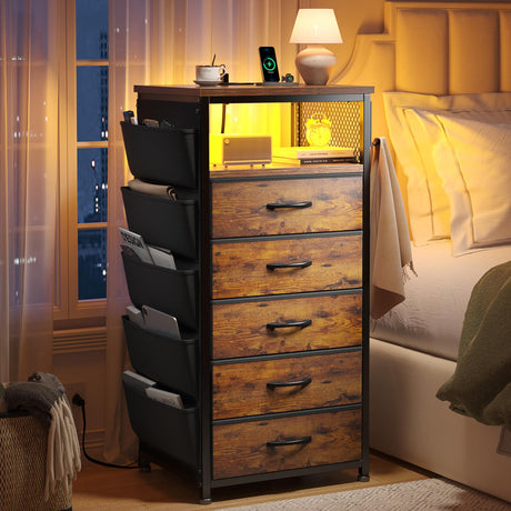 Nightstand with Charging Station, Tall Night Stand with 5 Dresser Drawers