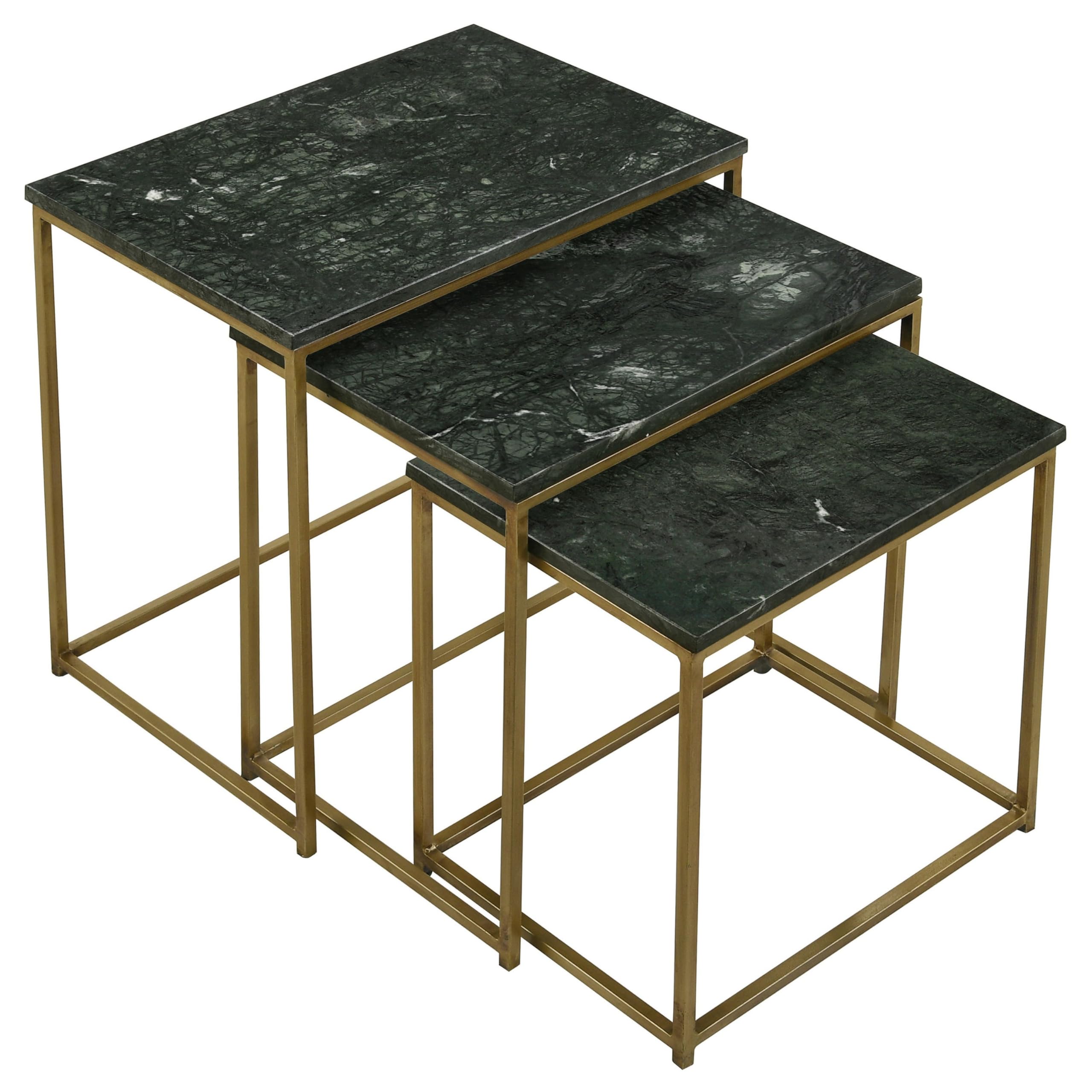 Benjara Agi 3 Piece Nesting Side Table Set, Square Marble, Metal Frame, Green and Gold