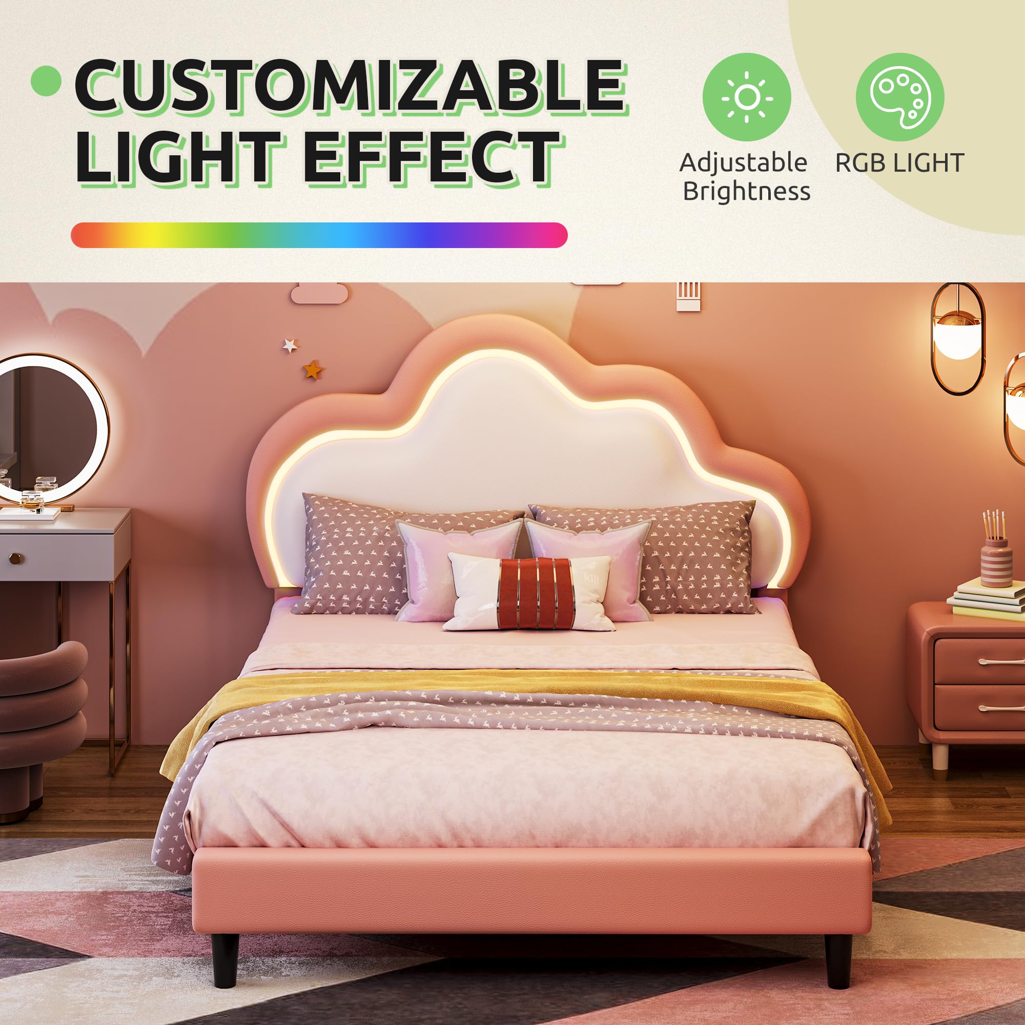 Twin LED Platform Bed with Cloud Headboard - Pink Upholstered