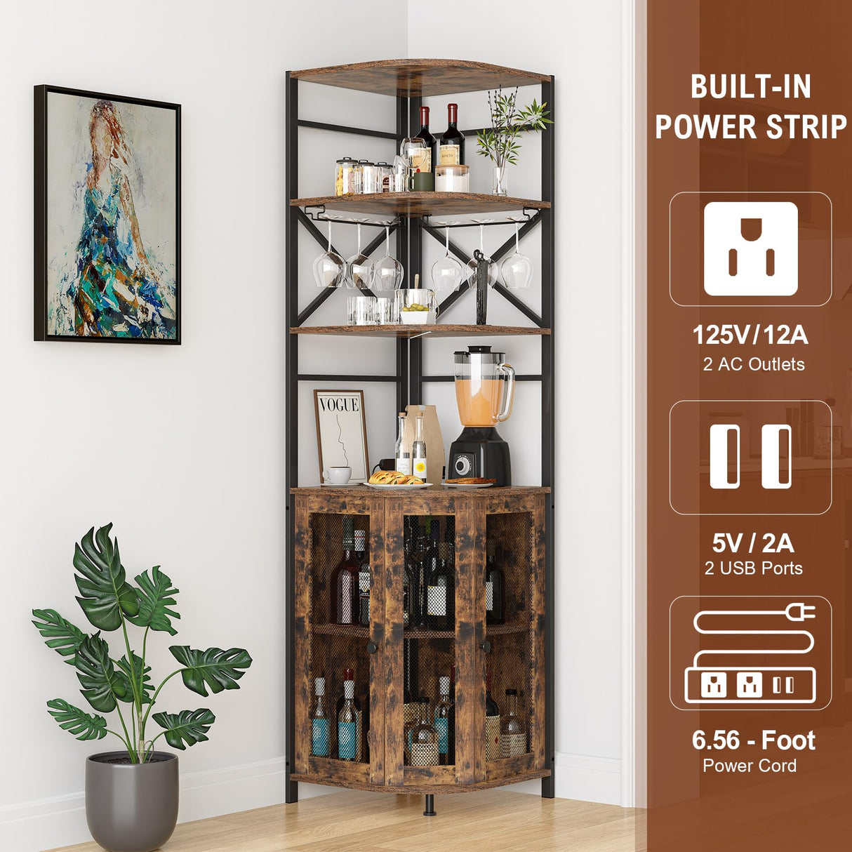 Wine Bar Cabinet with Power Outlet, 6-Tiers Industrial Wine Cabinet