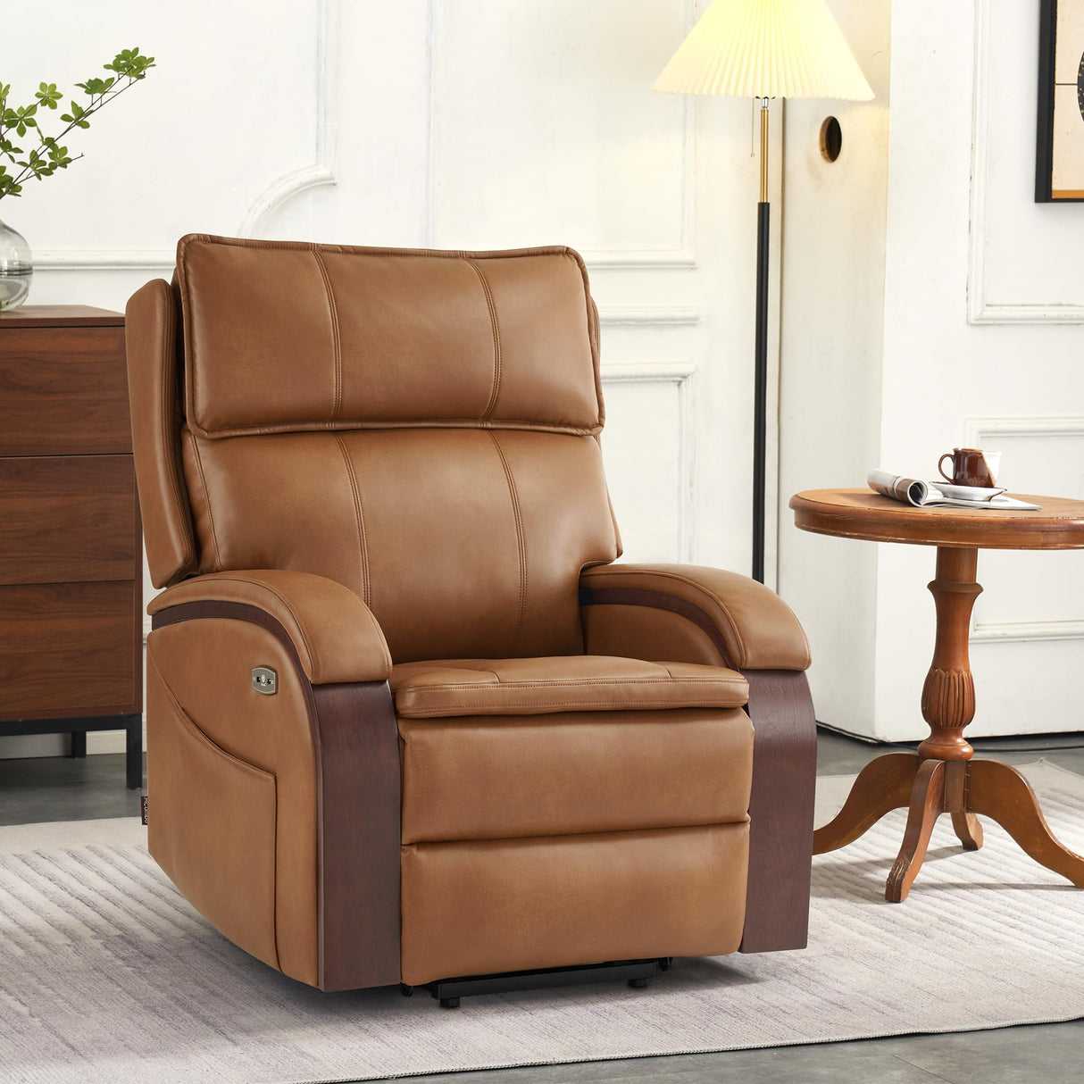 MCombo Power Lift Recliner Chair Sofa with Massage and Heat, Adjustable Headrest for Elderly People, Solid Wood Armrest, USB Ports, Side Pockets, Faux Leather 7917 (Tawny, Medium)