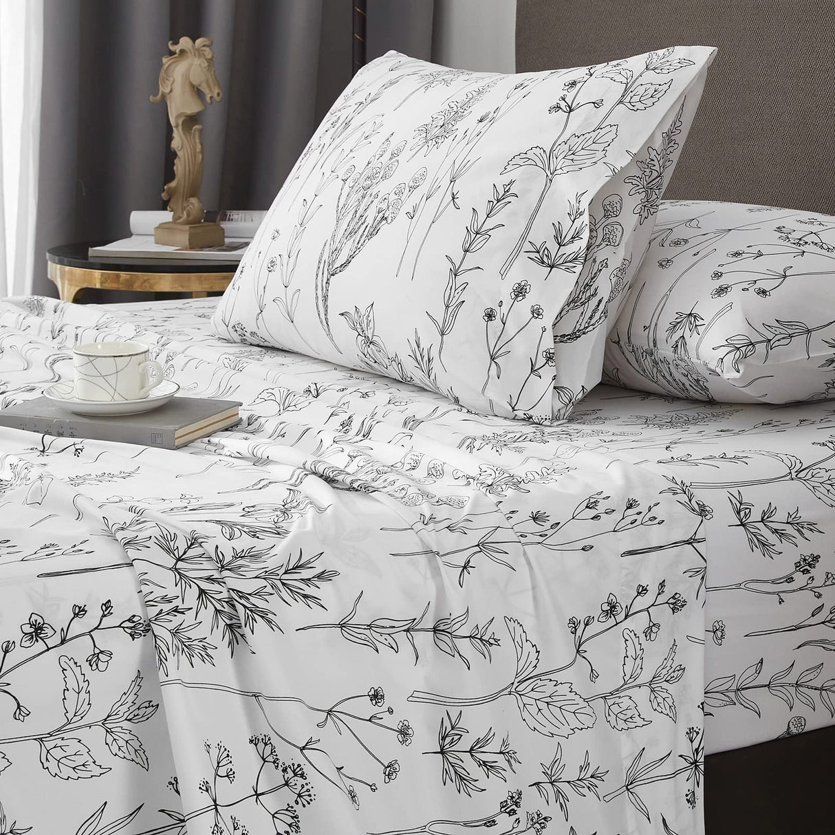 Floral Sheets Queen Size,18 inches Deep Pocket Sheets, 1800 Thread Count Black and White Leaf