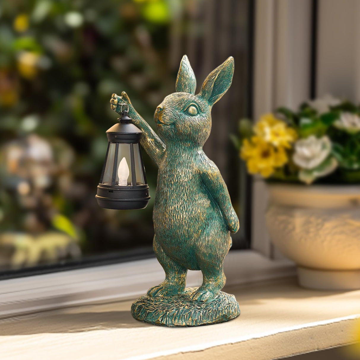 Garden Statues with Solar Lantern Bunny Outdoor Resin Sculpture