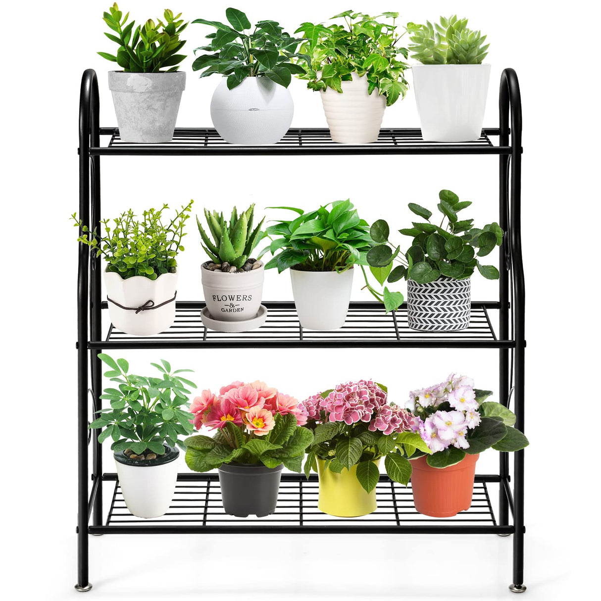 S AFSTAR 3 Tier Metal Plant Stand, Plant Display Rack Shelf Stand w/ Adjustable Feet and Built-in Handles, Home Storage Organizer Shelf, Flower Pot Holder for Home Balcony Yard, Indoor Outdoor