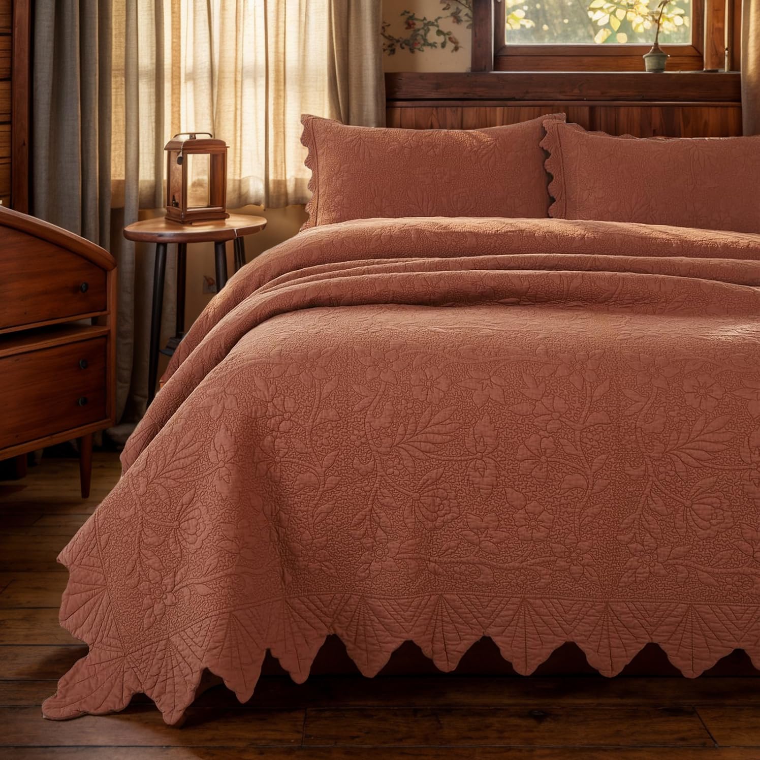 Size Quilt Set Cotton Quilted Comforter Set Burnt Orange Vintage Scalloped Edge Quilts