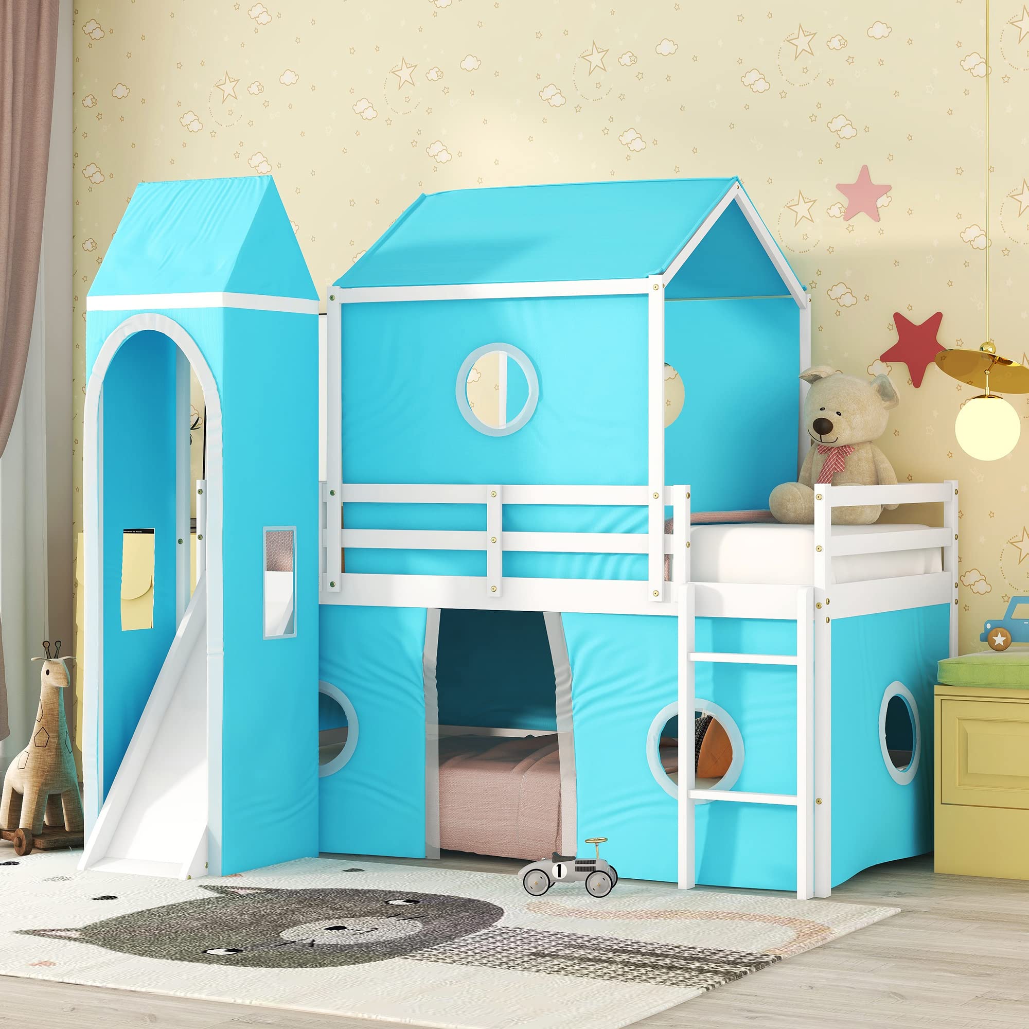 Twin House Bunk Bed, Kids Playhouse Bed, Solid Wood bunk Bed Frame with Slide Pink