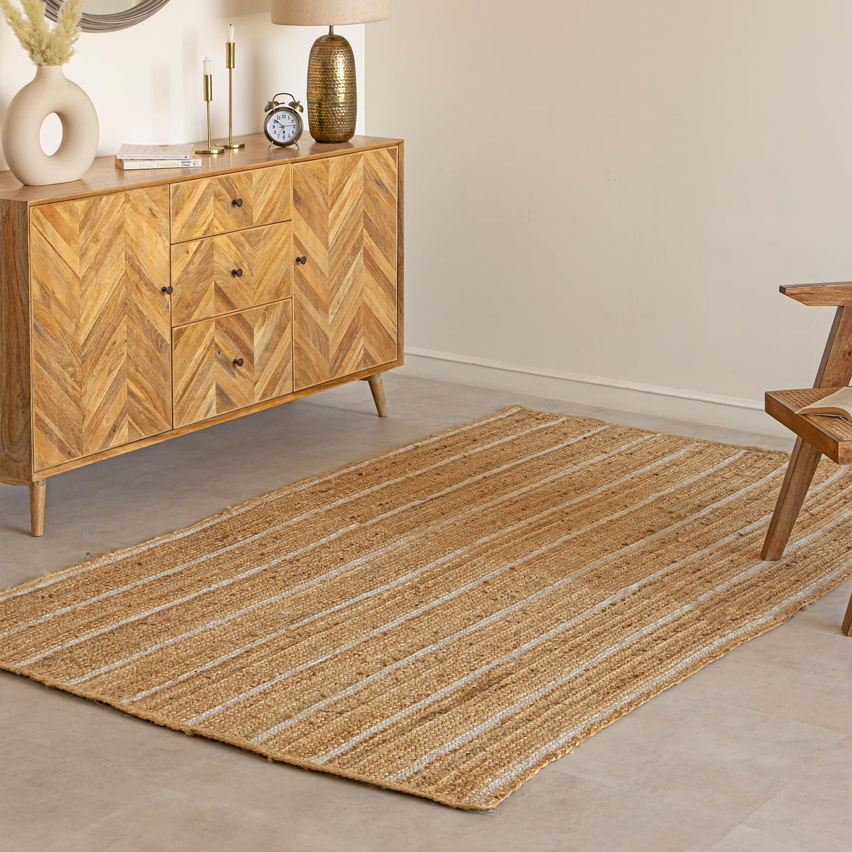 Natural Braided Jute Area Rug 8x10 - Off White Stripe Reversible