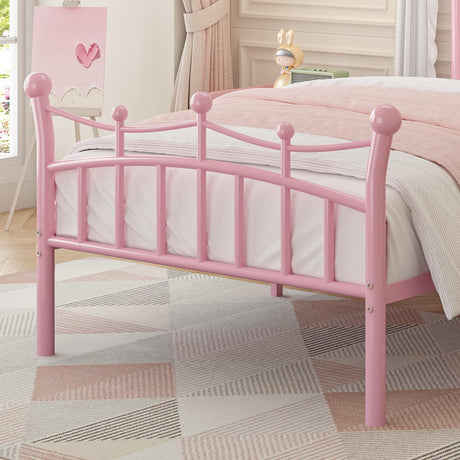 Twin Bed Frame with Crown-Shaped Headboard, Princess Bed for Kids/Girls, Heavy Duty Metal Platform Bed with Iron-Art Headboard and Footboard, No Box Spring Needed, Easy Assembly, Pink