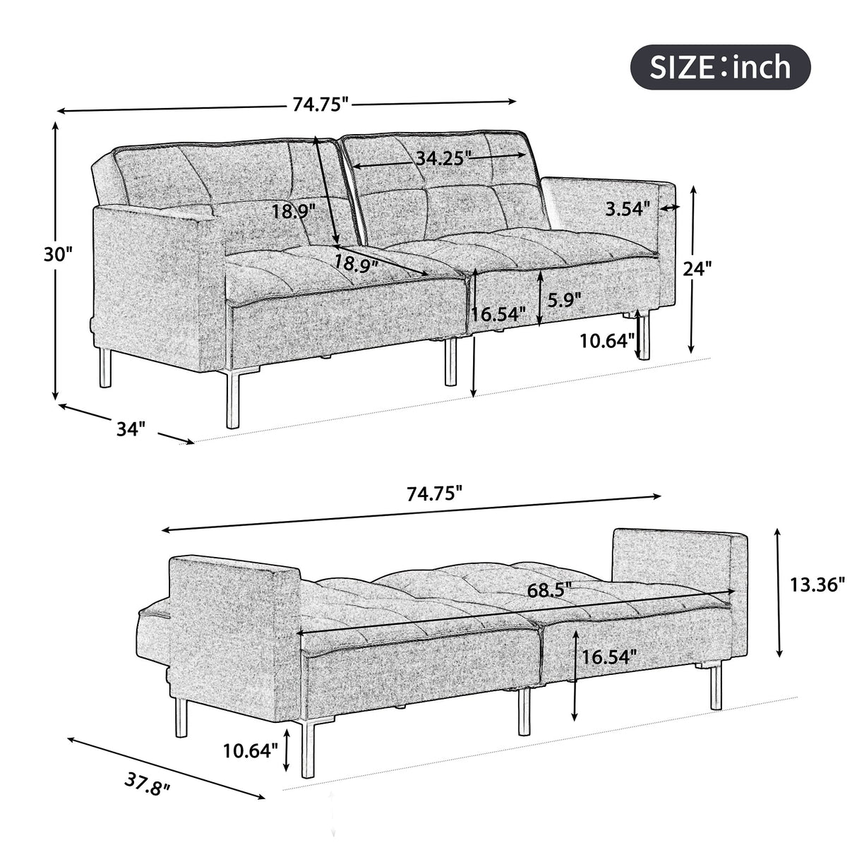 Linen Upholstered Modern Convertible Folding Futon Sofa Bed with 2 Pillows