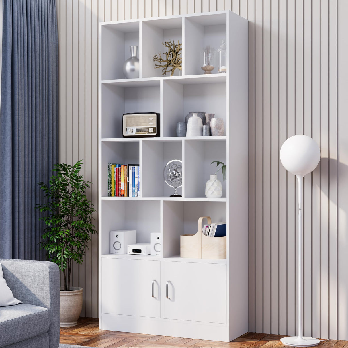 70" Tall White Bookshelf with 12 Cubes and 2 Doors, 4-Tier Open Shelf Bookcase